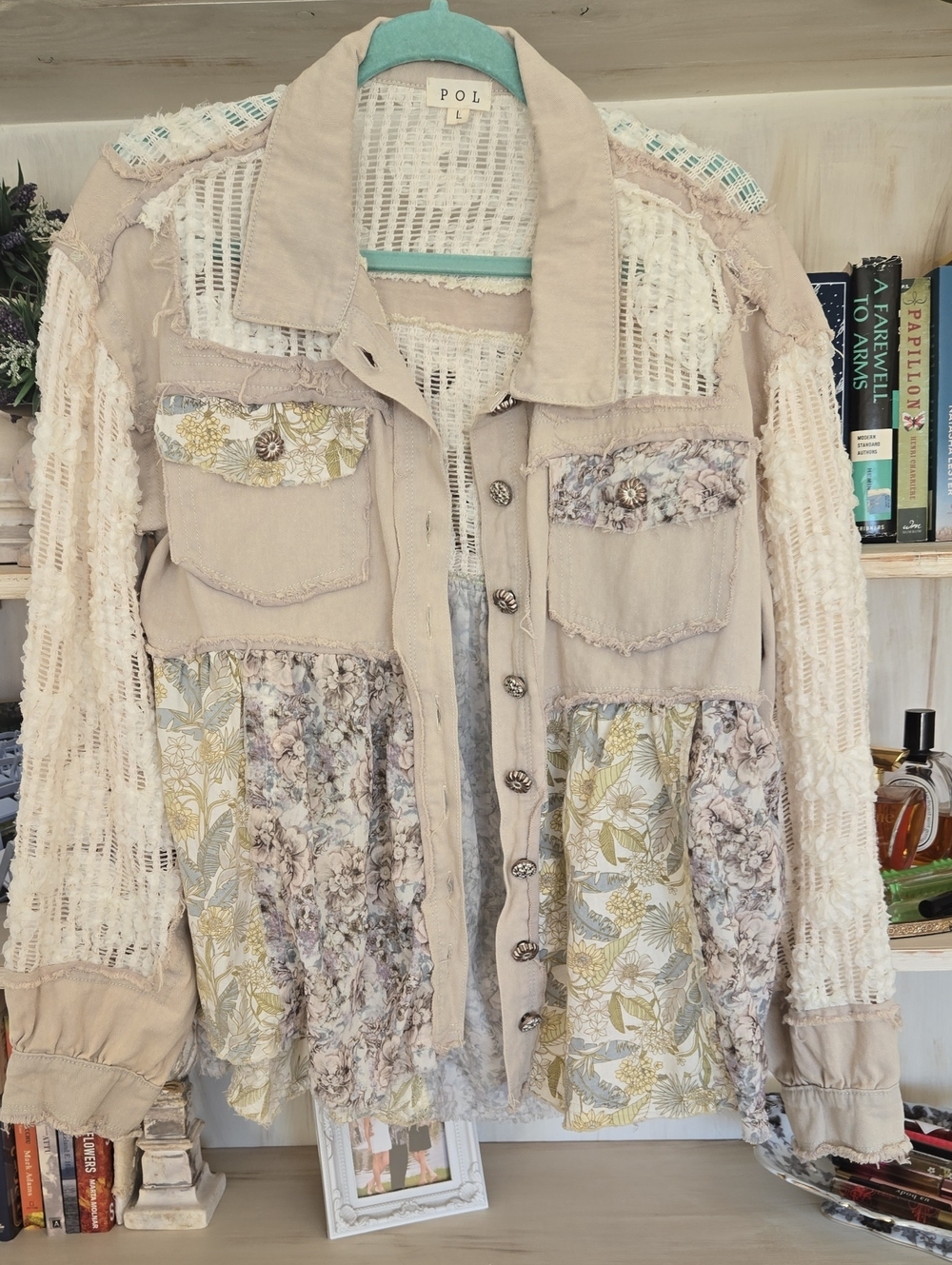 POL Patchwork Floral & Knit Beige Jean Jacket